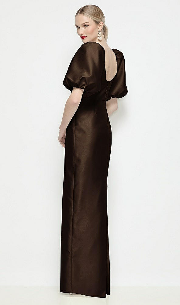 Back View - Espresso Bateau Neck Satin Column Maxi Dress with Puff Sleeves