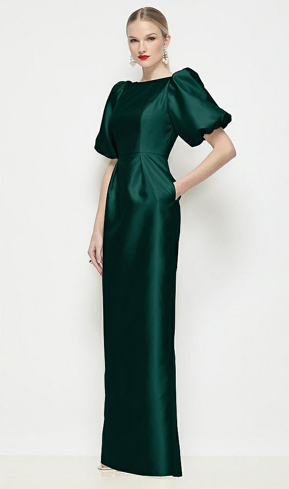 Front View - Evergreen Bateau Neck Satin Column Maxi Dress with Puff Sleeves