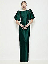 Side View Thumbnail - Evergreen Bateau Neck Satin Column Maxi Dress with Puff Sleeves