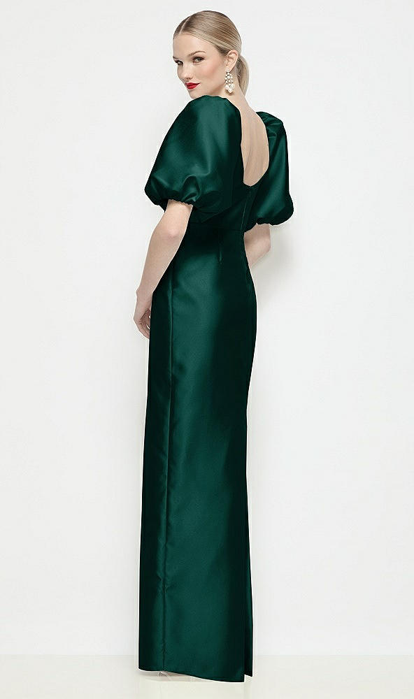 Back View - Evergreen Bateau Neck Satin Column Maxi Dress with Puff Sleeves