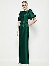 Front View Thumbnail - Hunter Green Bateau Neck Satin Column Maxi Dress with Puff Sleeves