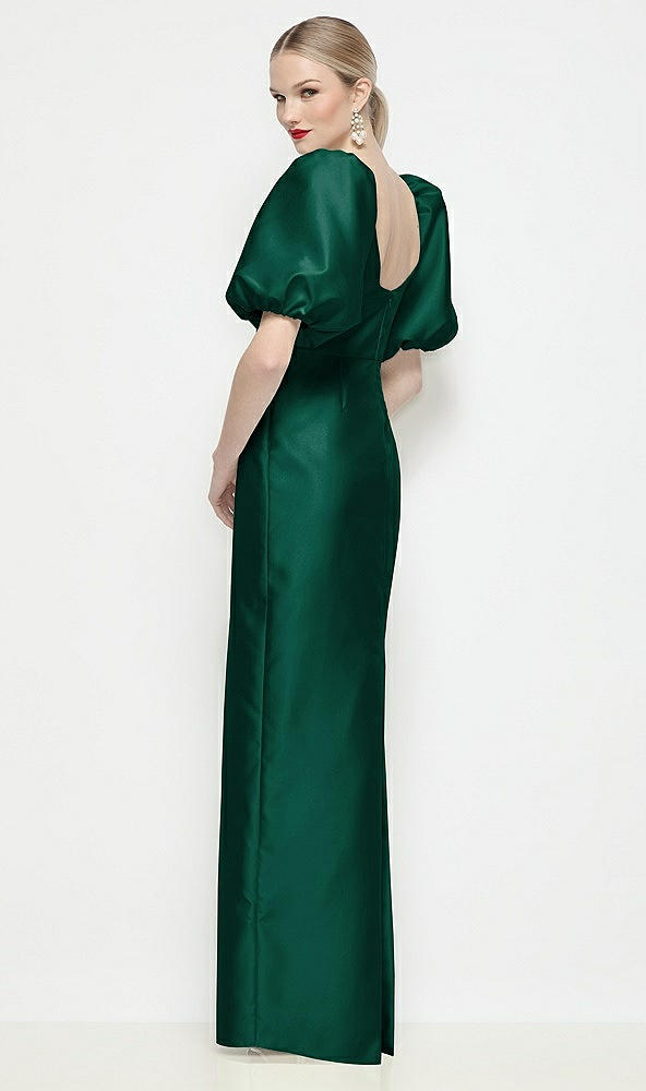Back View - Hunter Green Bateau Neck Satin Column Maxi Dress with Puff Sleeves