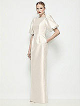 Front View Thumbnail - Ivory Bateau Neck Satin Column Maxi Dress with Puff Sleeves
