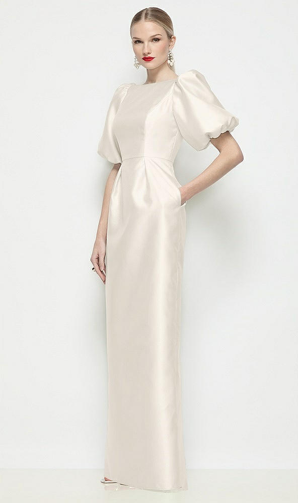 Front View - Ivory Bateau Neck Satin Column Maxi Dress with Puff Sleeves