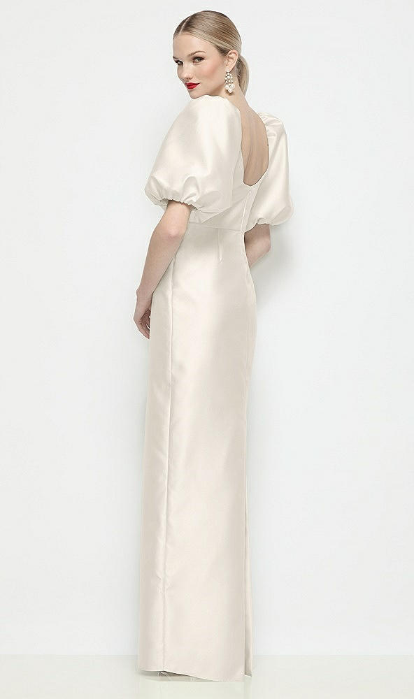 Back View - Ivory Bateau Neck Satin Column Maxi Dress with Puff Sleeves