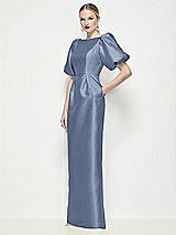 Front View Thumbnail - Larkspur Blue Bateau Neck Satin Column Maxi Dress with Puff Sleeves