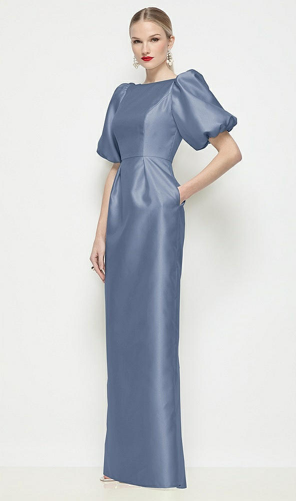 Front View - Larkspur Blue Bateau Neck Satin Column Maxi Dress with Puff Sleeves