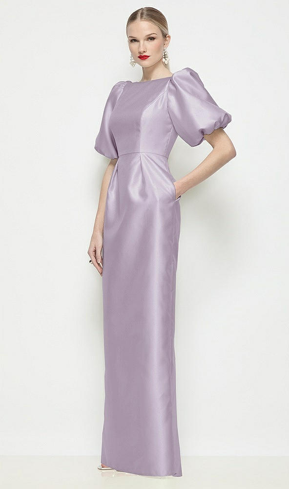 Front View - Lilac Haze Bateau Neck Satin Column Maxi Dress with Puff Sleeves