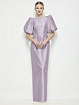 Side View Thumbnail - Lilac Haze Bateau Neck Satin Column Maxi Dress with Puff Sleeves