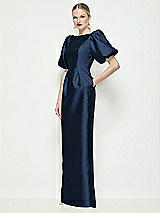 Front View Thumbnail - Midnight Navy Bateau Neck Satin Column Maxi Dress with Puff Sleeves