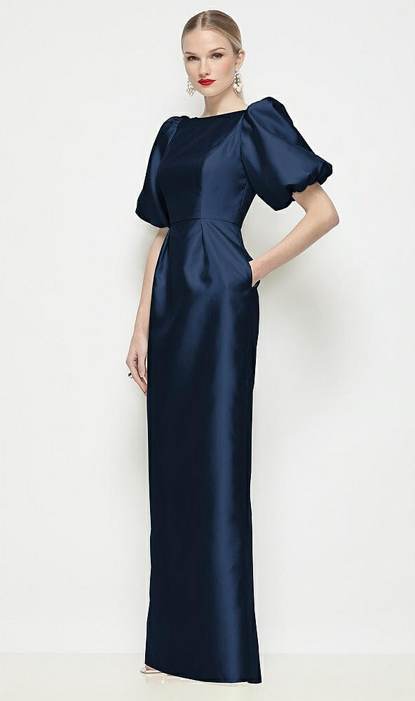 Front View - Midnight Navy Bateau Neck Satin Column Maxi Dress with Puff Sleeves