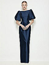 Side View Thumbnail - Midnight Navy Bateau Neck Satin Column Maxi Dress with Puff Sleeves