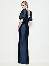 Rear View Thumbnail - Midnight Navy Bateau Neck Satin Column Maxi Dress with Puff Sleeves