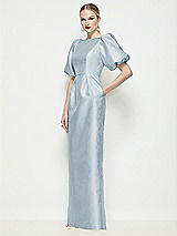 Front View Thumbnail - Mist Bateau Neck Satin Column Maxi Dress with Puff Sleeves