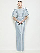 Side View Thumbnail - Mist Bateau Neck Satin Column Maxi Dress with Puff Sleeves