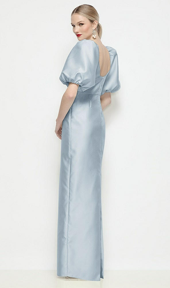 Back View - Mist Bateau Neck Satin Column Maxi Dress with Puff Sleeves