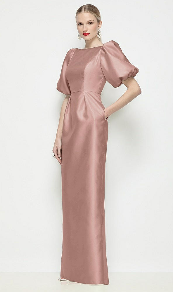 Front View - Neu Nude Bateau Neck Satin Column Maxi Dress with Puff Sleeves