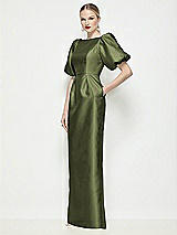 Front View Thumbnail - Olive Green Bateau Neck Satin Column Maxi Dress with Puff Sleeves