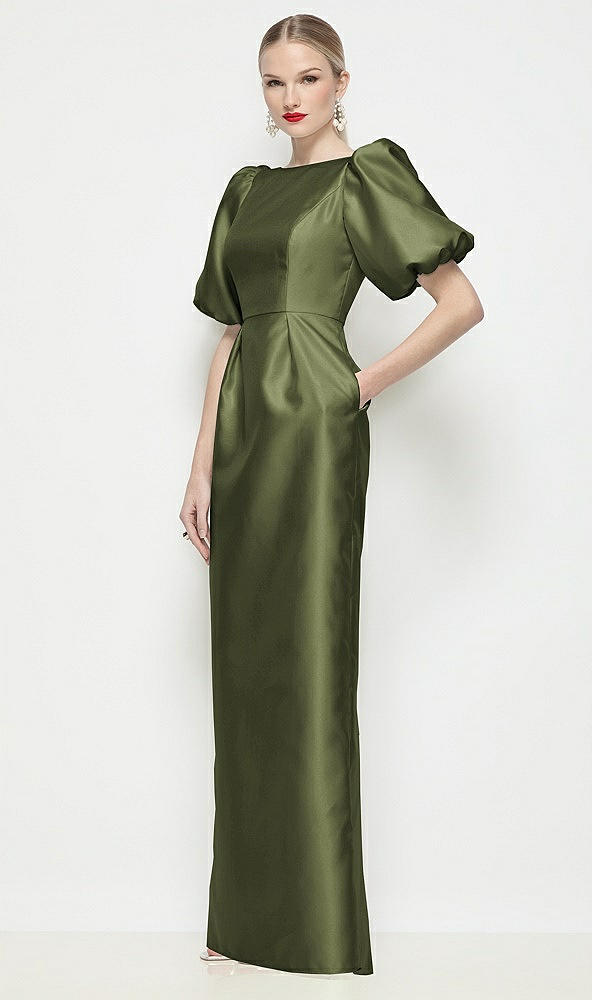 Front View - Olive Green Bateau Neck Satin Column Maxi Dress with Puff Sleeves