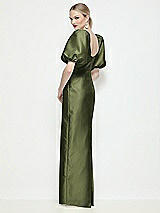 Rear View Thumbnail - Olive Green Bateau Neck Satin Column Maxi Dress with Puff Sleeves