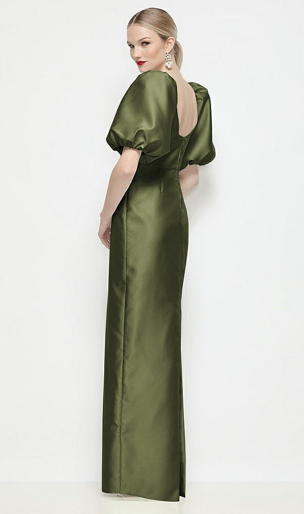 Back View - Olive Green Bateau Neck Satin Column Maxi Dress with Puff Sleeves