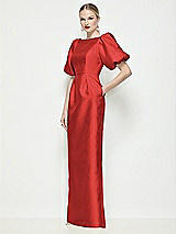 Front View Thumbnail - Poppy Red Bateau Neck Satin Column Maxi Dress with Puff Sleeves