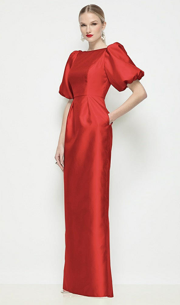 Front View - Poppy Red Bateau Neck Satin Column Maxi Dress with Puff Sleeves