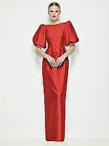 Side View Thumbnail - Poppy Red Bateau Neck Satin Column Maxi Dress with Puff Sleeves