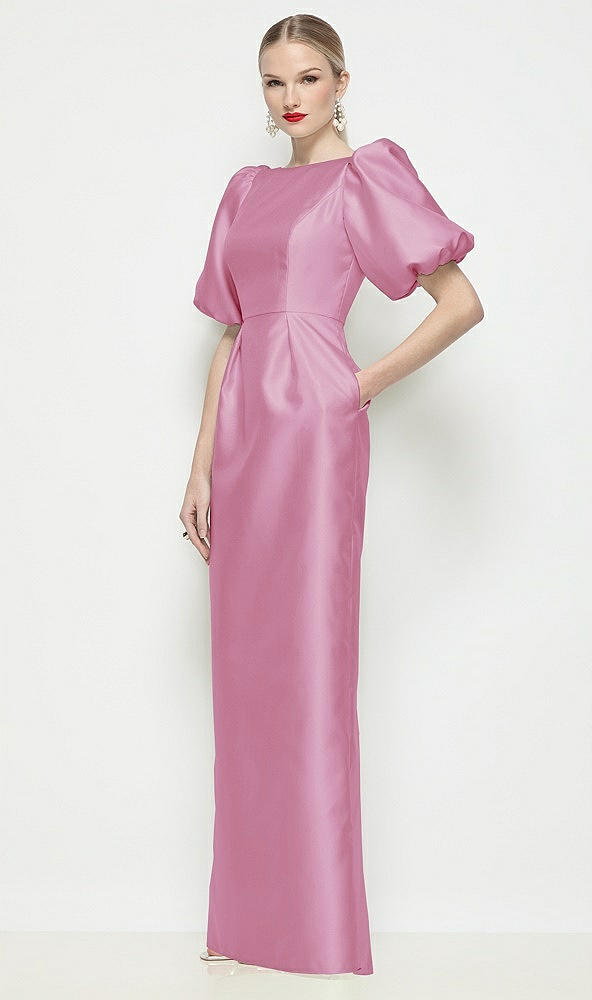 Front View - Powder Pink Bateau Neck Satin Column Maxi Dress with Puff Sleeves