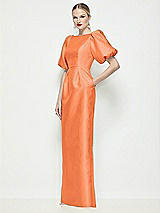 Front View Thumbnail - Portofino Orange Bateau Neck Satin Column Maxi Dress with Puff Sleeves