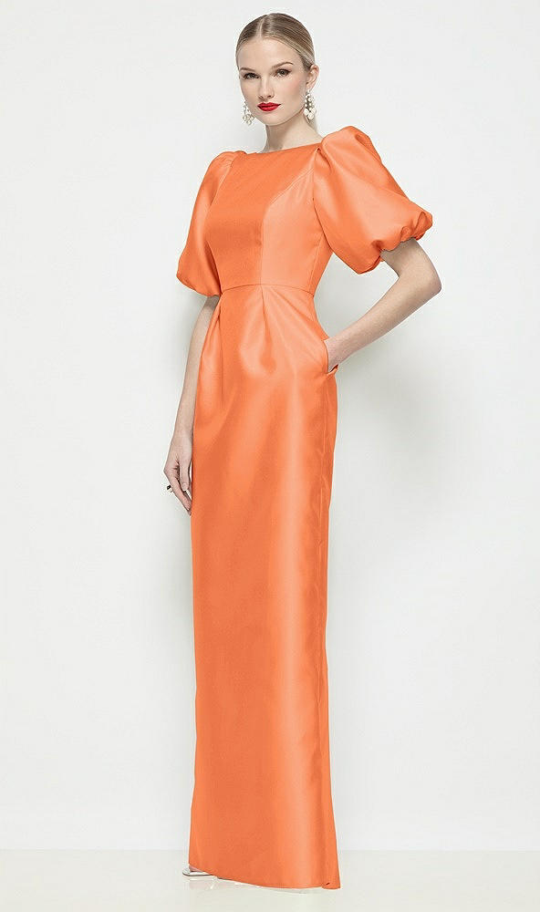Front View - Portofino Orange Bateau Neck Satin Column Maxi Dress with Puff Sleeves