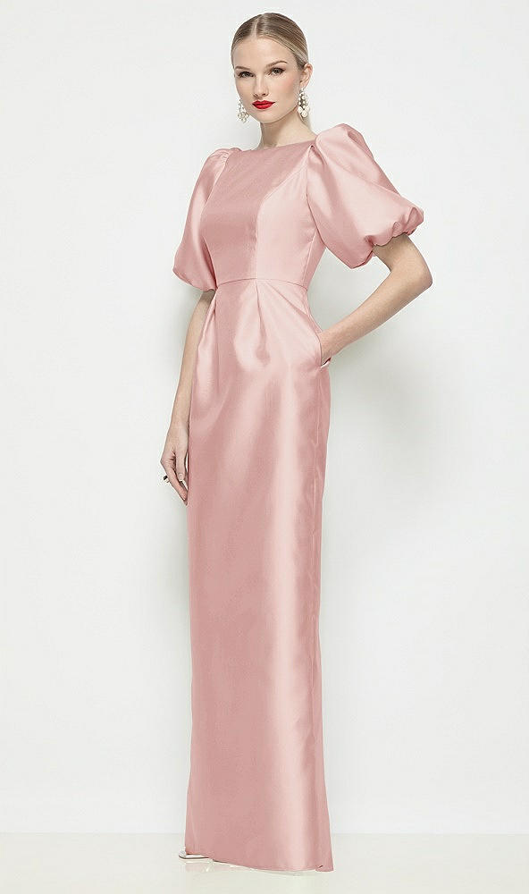 Front View - Rose Bateau Neck Satin Column Maxi Dress with Puff Sleeves
