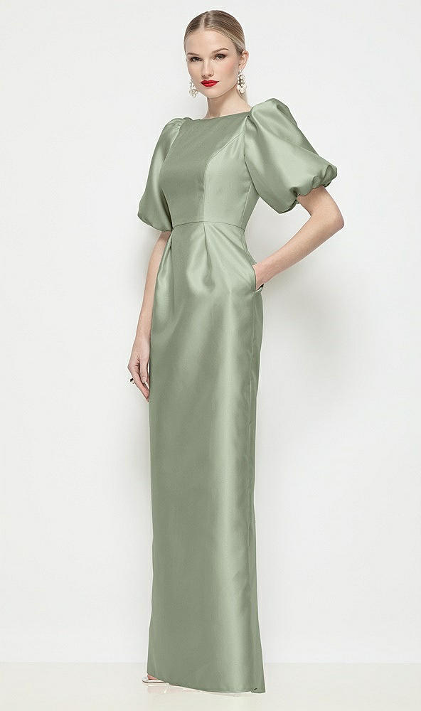 Front View - Sage Bateau Neck Satin Column Maxi Dress with Puff Sleeves