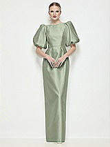 Side View Thumbnail - Sage Bateau Neck Satin Column Maxi Dress with Puff Sleeves