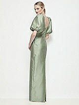 Rear View Thumbnail - Sage Bateau Neck Satin Column Maxi Dress with Puff Sleeves