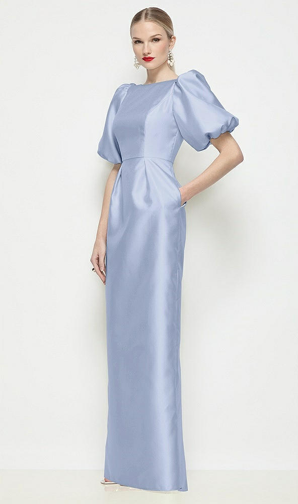 Front View - Sky Blue Bateau Neck Satin Column Maxi Dress with Puff Sleeves
