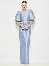 Side View Thumbnail - Sky Blue Bateau Neck Satin Column Maxi Dress with Puff Sleeves