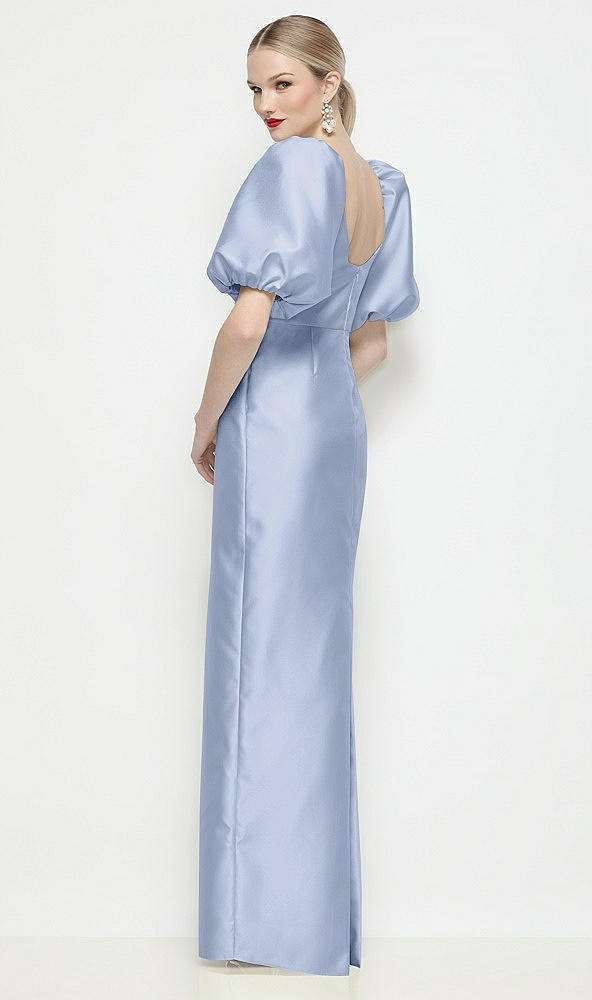 Back View - Sky Blue Bateau Neck Satin Column Maxi Dress with Puff Sleeves