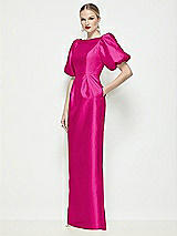 Front View Thumbnail - Think Pink Bateau Neck Satin Column Maxi Dress with Puff Sleeves