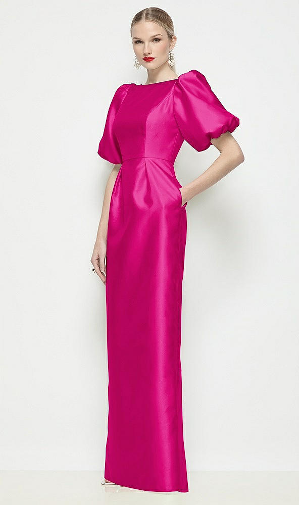Front View - Think Pink Bateau Neck Satin Column Maxi Dress with Puff Sleeves