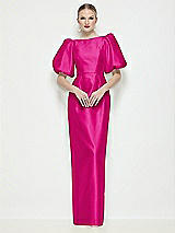 Side View Thumbnail - Think Pink Bateau Neck Satin Column Maxi Dress with Puff Sleeves