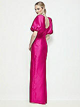 Rear View Thumbnail - Think Pink Bateau Neck Satin Column Maxi Dress with Puff Sleeves