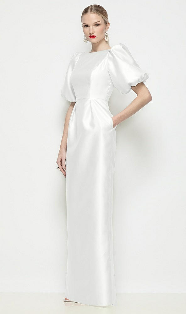 Front View - White Bateau Neck Satin Column Maxi Dress with Puff Sleeves