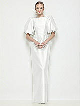 Side View Thumbnail - White Bateau Neck Satin Column Maxi Dress with Puff Sleeves