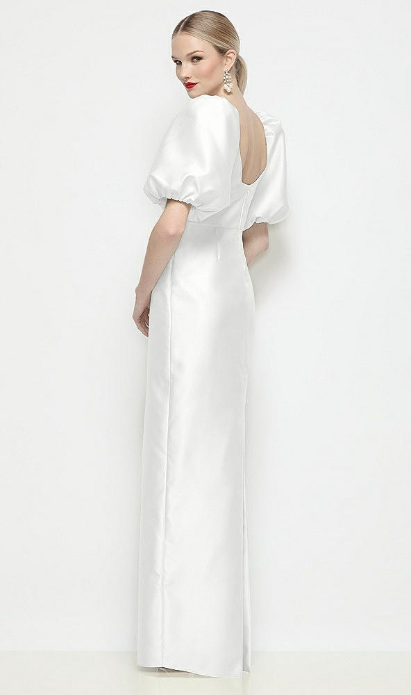 Back View - White Bateau Neck Satin Column Maxi Dress with Puff Sleeves
