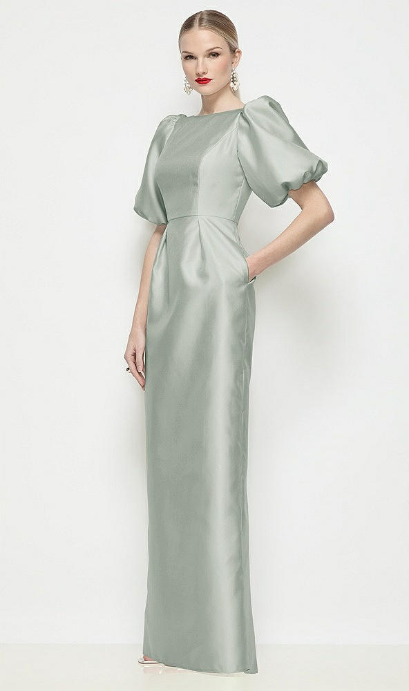 Front View - Willow Green Bateau Neck Satin Column Maxi Dress with Puff Sleeves