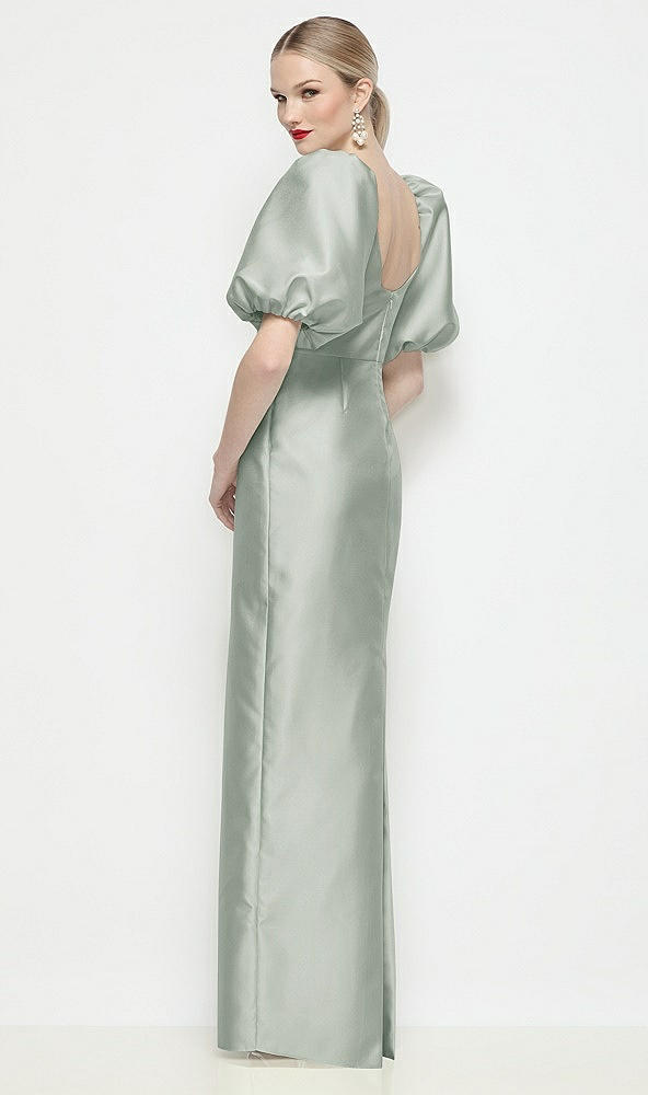 Back View - Willow Green Bateau Neck Satin Column Maxi Dress with Puff Sleeves