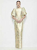 Front View Thumbnail - Butter Yellow Floral Bateau Neck Floral Satin Column Maxi Dress with Puff Sleeves