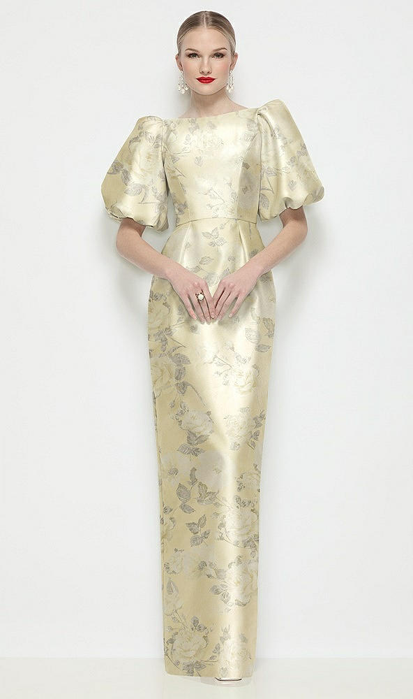 Front View - Butter Yellow Floral Bateau Neck Floral Satin Column Maxi Dress with Puff Sleeves