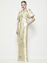 Side View Thumbnail - Butter Yellow Floral Bateau Neck Floral Satin Column Maxi Dress with Puff Sleeves